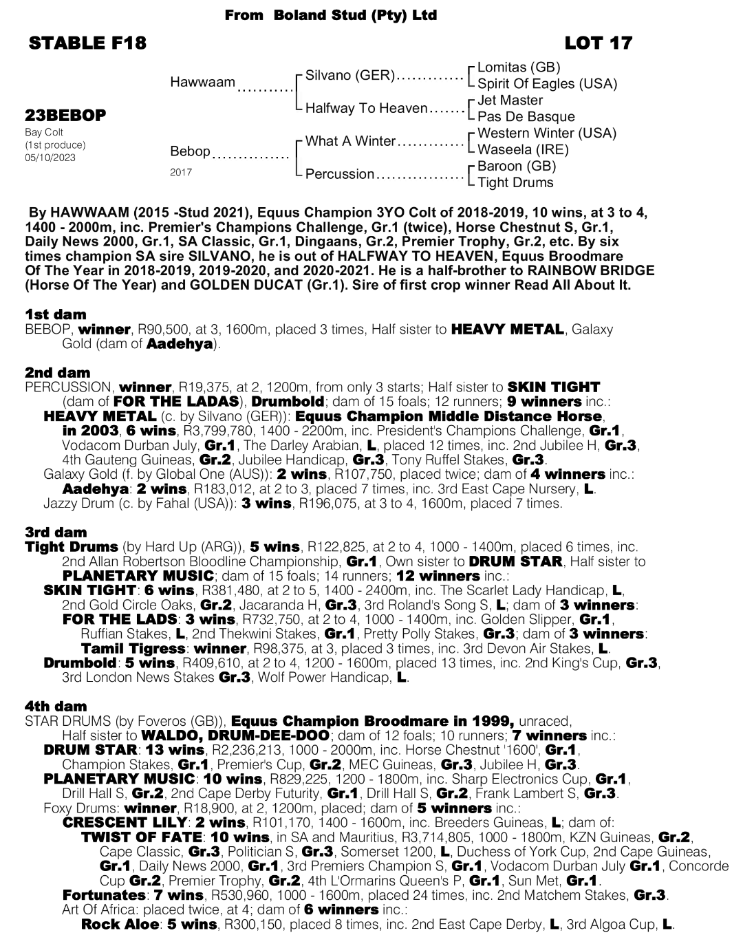 Pedigree - Lot 17 - Bebop