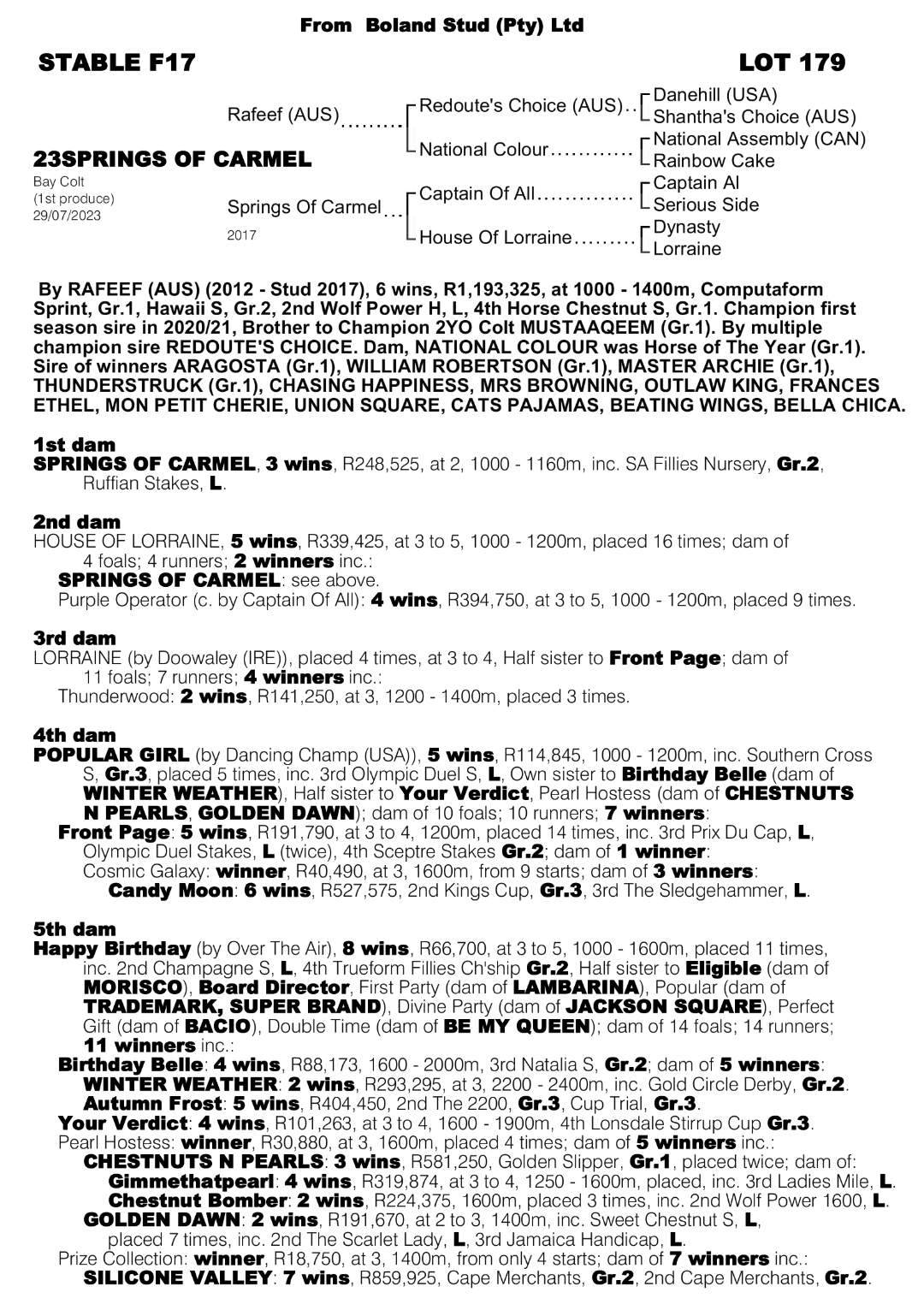 Pedigree - Lot 179 - Springs Of Carmel