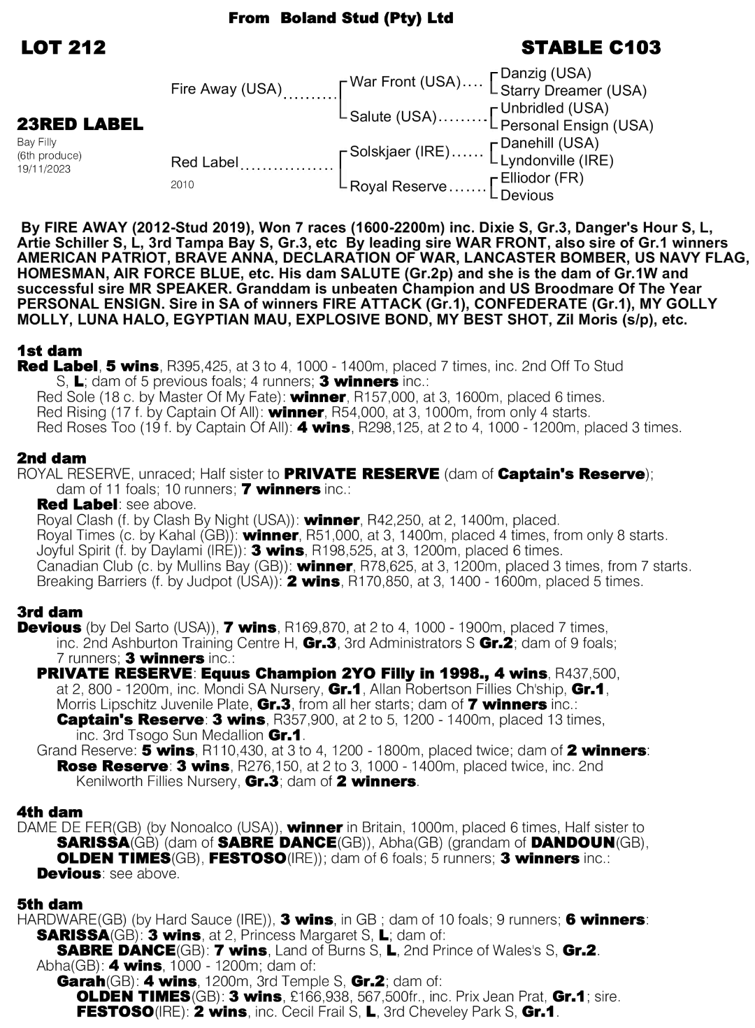 Pedigree - Lot 212