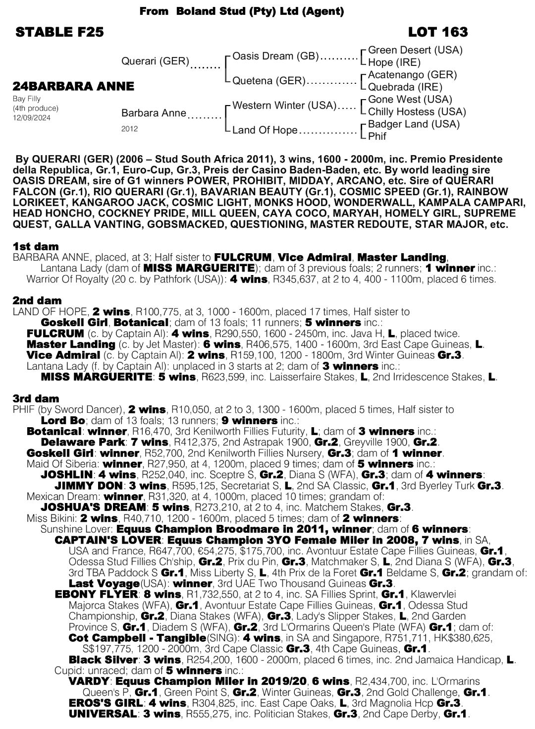 Pedigree - Lot 163 - Barbara Anne