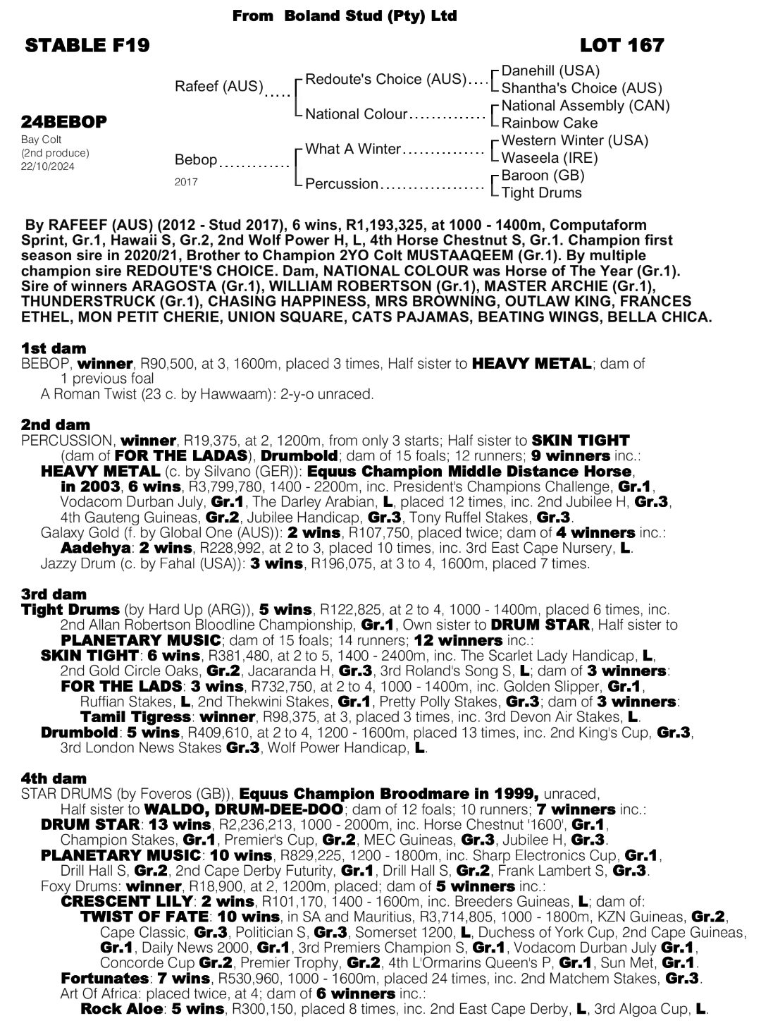 Pedigree - Lot 167 Bebop
