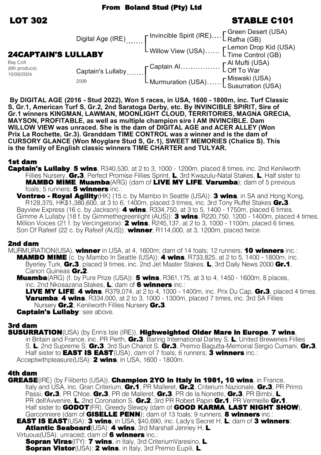 Pedigree - Lot 302 - Captain's Lullaby